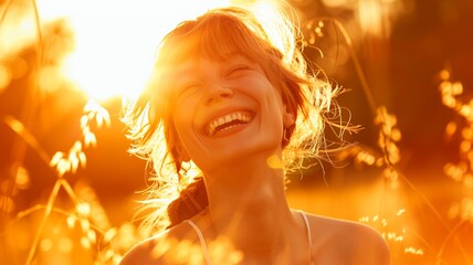 a joyful woman basking in the warm glow of the morning sun 