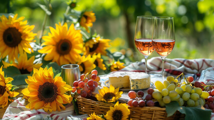 Perfect photo, stock style photo: Charming picnic scene with wine glasses and a cheese platter, surrounded by vibrant sunflowers 