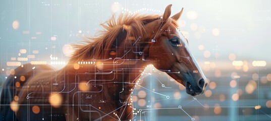 Brown horse on bokeh background. Animal biology mammal fauna. Generative AI technology.	
