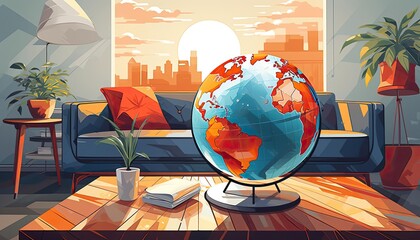 Couple looking at a globe in their living room, marking destinations they ve visited, symbolizing lifelong world travel. graphic design