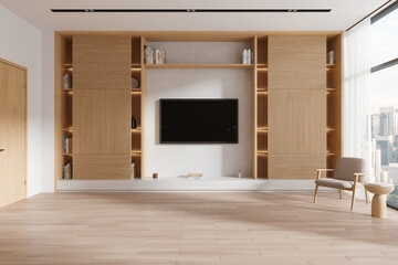 Cozy home living room interior with armchair and tv display, panoramic window