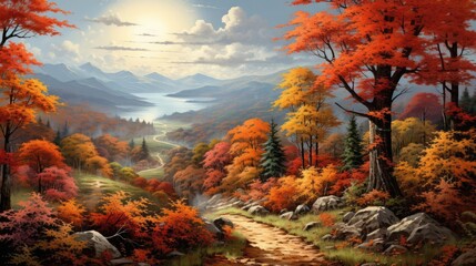 Narrow mountain road winding through autumncolored forests, with leaves in shades of orange and red, ideal for a seasonal backdrop. super detailed