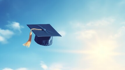 graduation cap flying in the air against a clear blue sky concept of achievement and freedom 