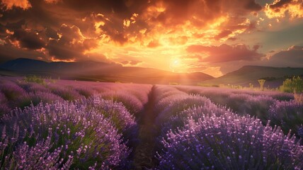 Sunlit lavender field at sunset vibrant purple flowers under a fiery sky golden hour lighting 