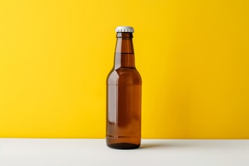 Amber Beer Bottle on a Yellow Minimalist Background