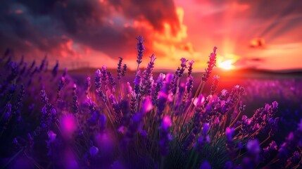 Sunlit lavender field at sunset vibrant purple flowers under a fiery sky golden hour lighting 