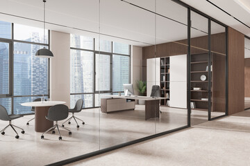 Modern office interior with work desk and meeting table, panoramic window