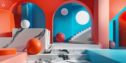 Room With Marble Floor and Red and Blue Walls