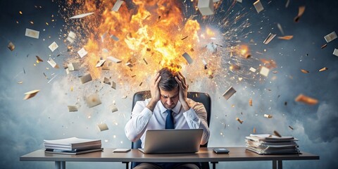 Frustrated businessman sitting at his desk in front of a burning laptop AI generated