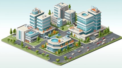 Isometric 3D City Vector Illustration with a Modern Shopping Mall Complex.