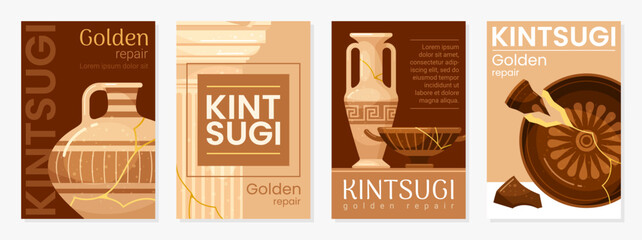 Kintsugi golden repair cracked antique pot and vase poster design template set vector illustration