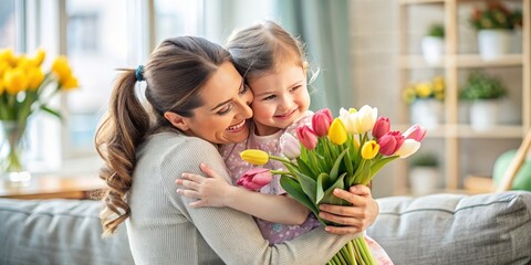 happy mother and daughter with tulips bouquet in living room at home AI generated