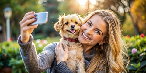 Happy woman taking a selfie with her dog in the park. Dog lover concept. AI generated