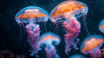 Fototapeta na wymiar Jellyfish swimming in deep Sea - Generative Ai 
