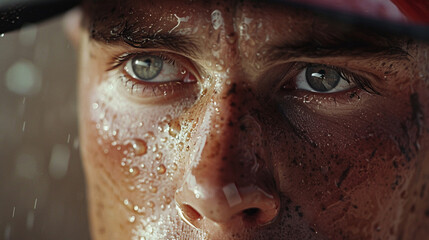 A close-up of a baseball player's face, sweat and determination visible