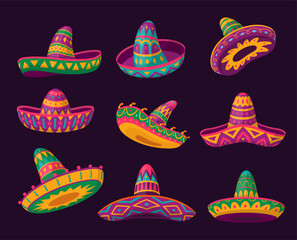 Naklejka premium Mexican sombrero hat fiesta party and Cinco de Mayo holiday design set isometric vector
