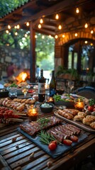 Fototapeta premium Joyful People Enjoying Outdoor Picnic with Delicious Barbecue, Salad, and Wine - Summer Vacation Concept，Backyard dinner table have a tasty grilled BBQ meat, Salads and wine with happy joyful people 