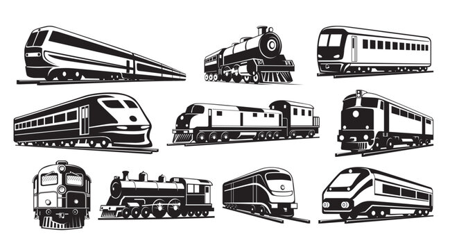 Modern and retro train silhouettes railways carriage black and white set isometric vector