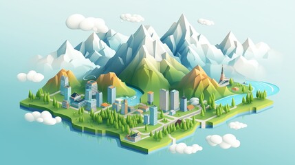 Isometric 3D City Vector Illustration with Majestic Mountains in the Background.