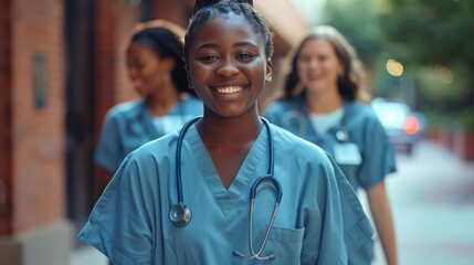 Cheerful nursing students in uniform and stethoscopes enjoying a stroll outdoors