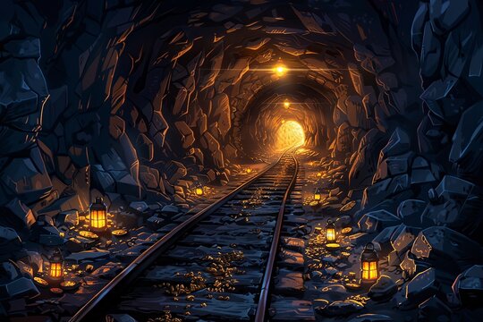 long mine railroad tunnel with light shining at the end, lanterns, ground covered in rocks and gold nuggets, cartoon art style
