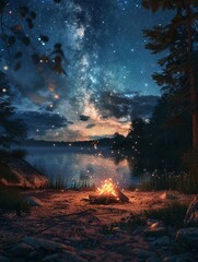 Wilderness camping under the stars, crackling fire, night sky wonder, evening tranquility , 3D render