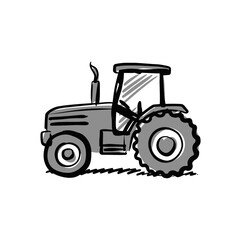 A hand drawn line art of a tractor. Outline agrimotor, side view. Modern flat vector illustration. Side view of modern farm tractor
