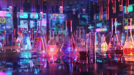 Laboratory glassware filled with colorful liquids, surrounded by glowing lights in a high-tech lab