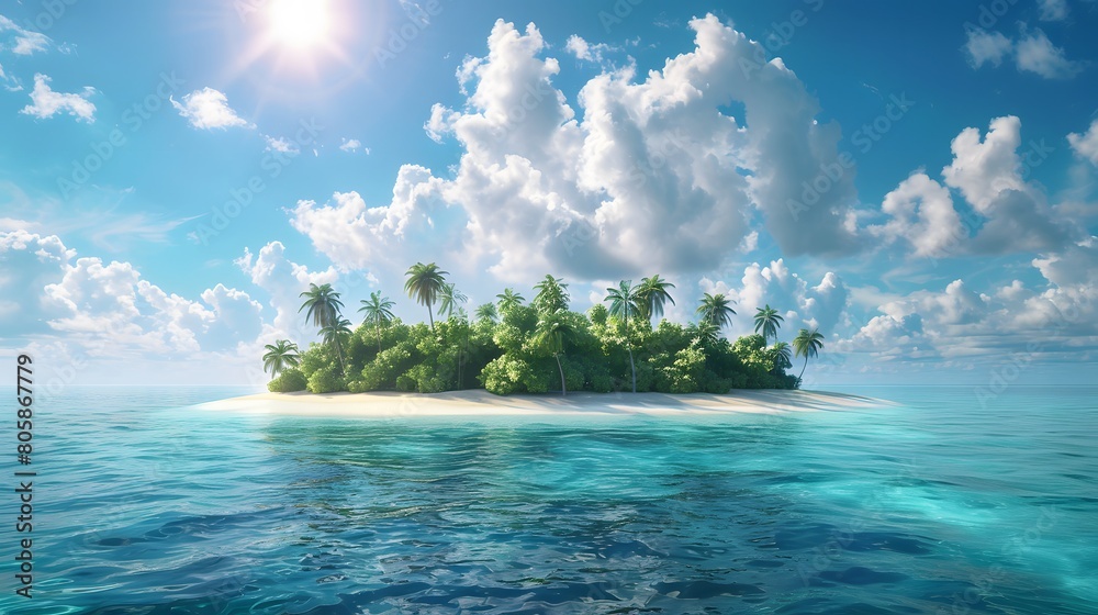 Wall mural an island in the middle of ocean with blue sky and white clouds, small tropical jungle on it, small 