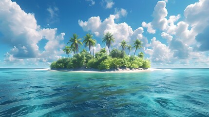 An island in the middle of ocean with blue sky and white clouds, small tropical jungle on it, small sandy beach, bright sunny day, palm trees