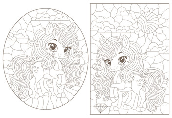 A set of contour illustrations in the style of stained glass with cute cartoon unicorns in the sky, dark outlines on a white background