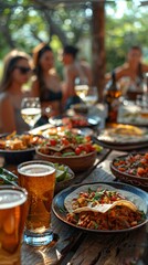 Fototapeta premium Delicious tacos, beer, mexican food, salad and wine on backyard table with happy people in background，Joyful People Enjoying Mexican Cuisine and Picnic Feast in the Backyard