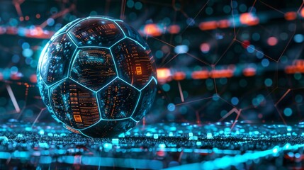 Neon cybernetic field with digital illustration of a soccer ball and circuit patterns