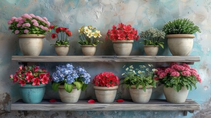 Shelves against the background of the wall, on the shelves there are beautiful pots with different flowers.