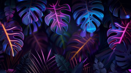 Silhouettes of tropical leaves illuminated by neon lights on a dark background.