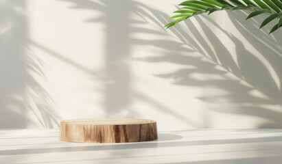 A wooden log is placed on a white surface, creating a simple and natural setting. The log is surrounded by a shadow, adding depth and dimension to the scene