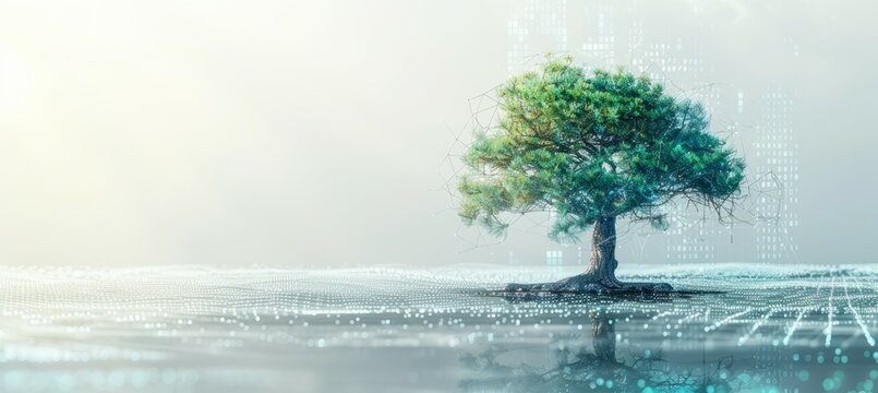 Tree on digital virtual space background. Generative AI technology.	
