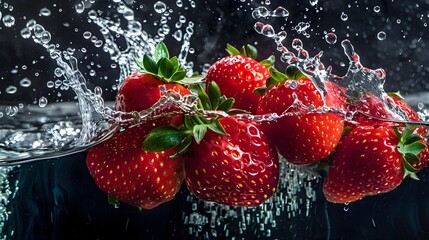 Ripe strawberries splashing into a dark pool creating a colorful and dynamic contrast Generative ai