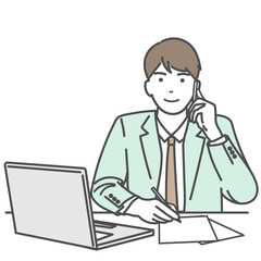 メモを取り電話対応するビジネスマンのイラスト　ベクター、白バック、白背景、背景なし、コピースペース