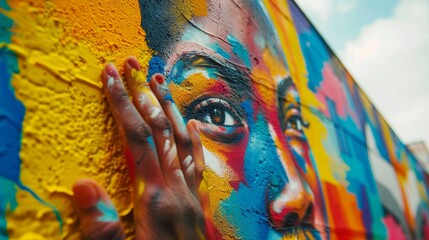 Closeup of a mural artist's hand against a colorful street art portrait