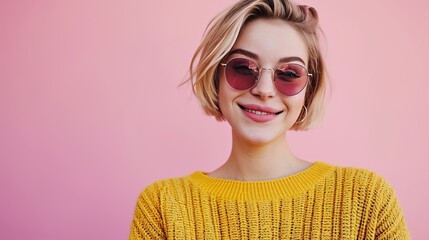 Happy confident pretty gen z blonde young woman wearing sunglasses and earings, positive smiling girl with short blond hair wearing yellow sweater looking at camera