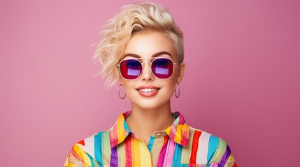 Happy confident pretty gen z blonde young woman wearing sunglasses and earings, positive smiling girl with short blond hair wearing colorful shirt - Powered by Adobe
