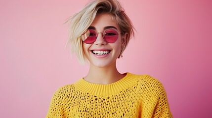 Happy confident pretty gen z blonde young woman wearing sunglasses and earings, positive smiling girl with short blond hair wearing yellow sweater