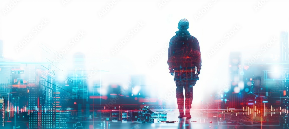 Poster DA person walking to matrix technology background. Virtual cyberspace. Generative AI technology.	
