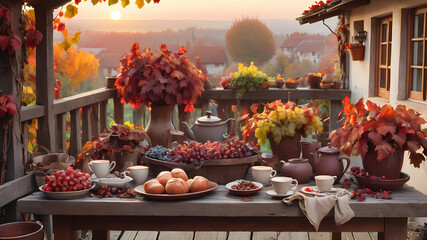 View to a rustic terrace filled with pots with autumn flowers and a vine full of red leaves and bunches of grapes. In the foreground a wooden table with a copious breakfast, coffee, bowls, vases and p - Powered by Adobe