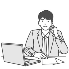 電話対応などで仕事をする男性のシンプルなモノクロイラスト　背景なしのベクター素材、白背景、白バック、正方形　コピースペース	