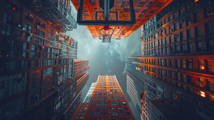 A basketball hoop surrounded by NYC skyscrapers