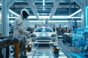 Automotive engineer at futuristic assembly line using advanced technology for car manufacturing