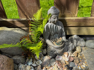 statue of buddha with fern in the stone garden