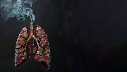 Lungs of a smoker. Medical 3D poster. Human lungs are shrouded in smoke on a black background 3D rendering.